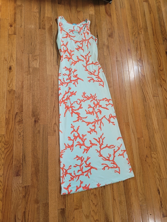 J Mclaughlin Dresses & Skirts - Sleeveless Coral-Print Maxi Dress in Light Blue and Coral